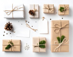 Flat lay of festive Christmas gift boxes wrapped in eco-friendly paper with twine and natural decorations on a white background