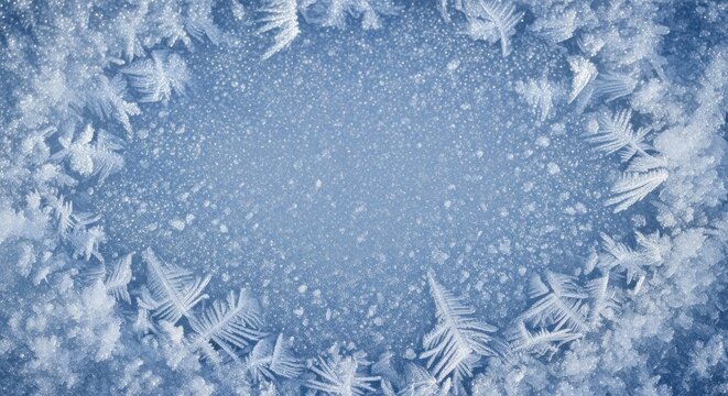 A frosty window with snowflakes and ice crystals on a blue background.