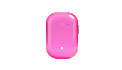 Glossy pink capsule-shaped gadget against a stark black background