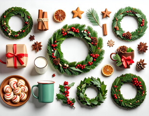 Festive Christmas Flat Lay with Wreaths, Sweets, and Holiday Cheer