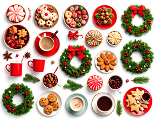 A festive flat lay of Christmas treats, holiday cookies, coffee mugs, and decorative wreaths on a clean white background