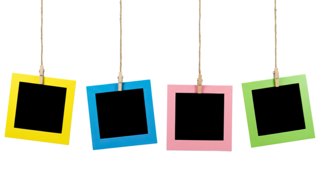 Set of Black Empty Photo Frames Hanging on Twine Rope on transparent background 