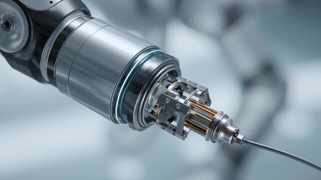 A robot is holding a wire. The robot is silver. Close-up next generation surgical robot end effector micro articulation detail, ultra sterile metallic precision, surgical robot system
