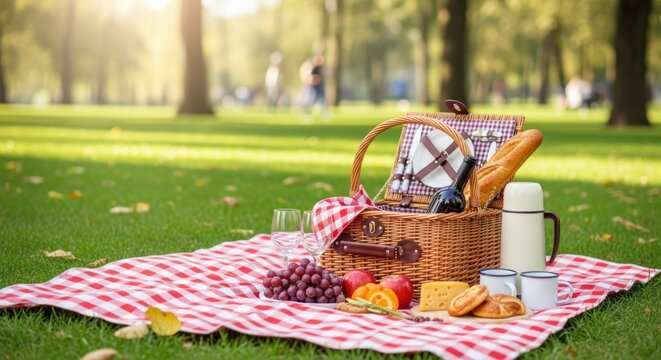 A picnic basket filled with food and drinks on a grassy field with a blanket and a red and white checkered tablecloth.
