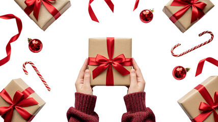 Joyful hands present wrapped gift surrounded by festive holiday decorations