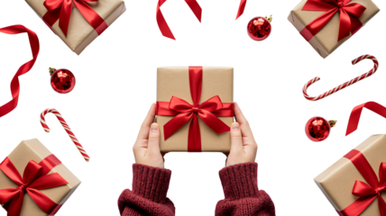 Joyful hands present wrapped gift surrounded by festive holiday decorations