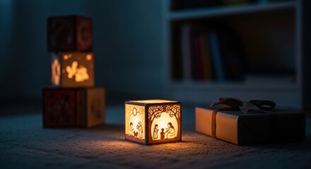 A serene indoor scene featuring intricately designed illuminated paper lanterns surrounded by wrapped gifts, casting warm, soft light on a cozy carpet, embodying a festive atmosphere