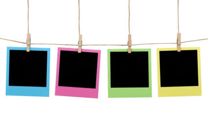 Dark-Toned Hanging Photo Frames with Clothespins on White Background