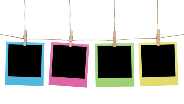 Dark-Toned Hanging Photo Frames with Clothespins on White Background