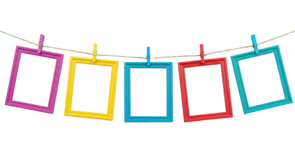 Bright and Cheerful Frames Hanging on Rope for Creative Wall Display on transparent 