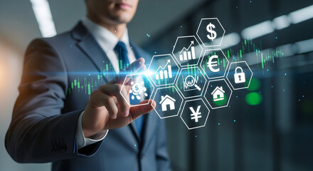Businessman interacting with futuristic finance data interface, showing investment, currency, and analytics icons.