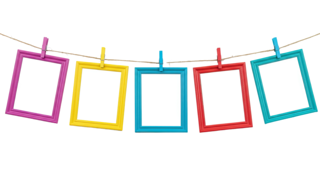 Bright and Cheerful Frames Hanging on Rope for Creative Wall Display on transparent 