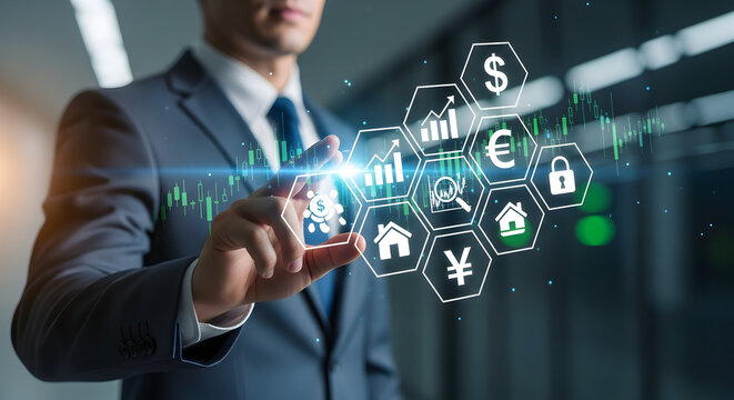 Businessman interacting with futuristic finance data interface, showing investment, currency, and analytics icons.