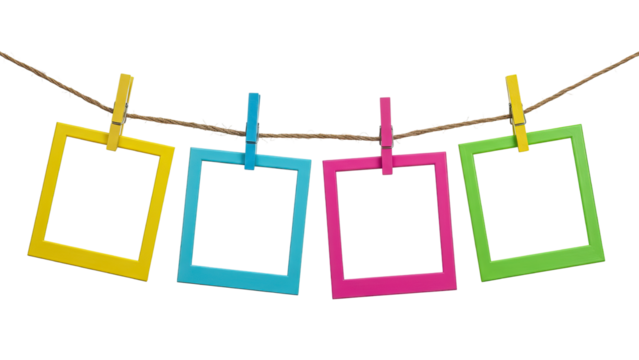 Multicolor Photo Frames Hanging in Curved Formation on String on transparent 