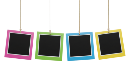 Modern Minimalist Black Square Frames Hanging with Clothespins on transparent background 