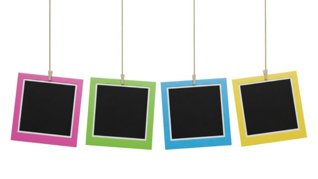 Modern Minimalist Black Square Frames Hanging with Clothespins on transparent background