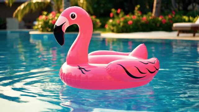 Pink Flamingo Pool Float in Tropical Setting - A vibrant pink flamingo pool float floats in a crystal-clear swimming pool.