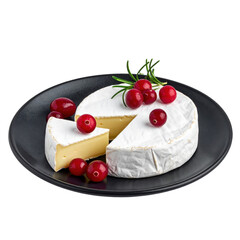 Rustic baked camembert cheese topped with cranberry sauce on a dark surface, a warm and inviting dish, cleanly isolated on white background with copy space