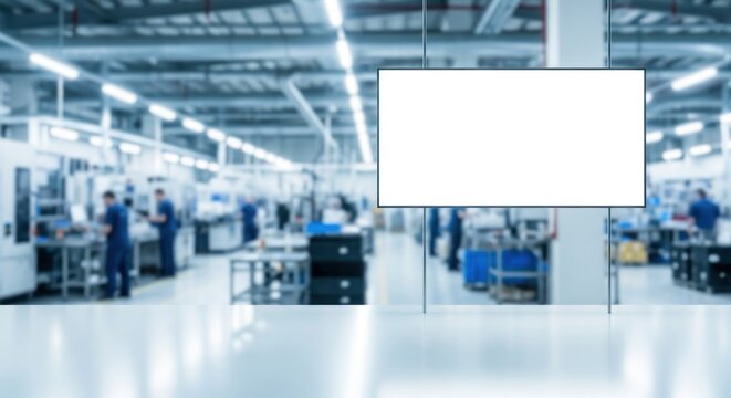 A large, empty white billboard in a modern, industrial factory setting.