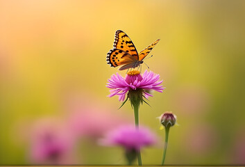 Obraz premium Butterfly Resting on Blooming Wildflower Macro.