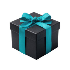 Obraz premium Square black gift box tied with a vibrant turquoise ribbon