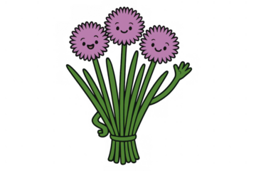 Chives cartoon character bunch waving hello, cute anthropomorphic herb flowers with smiling faces on transparent background