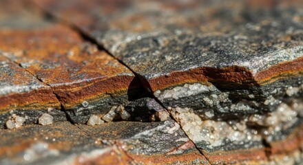 Extreme close up of textured rusty rock surface showing layers and cracks