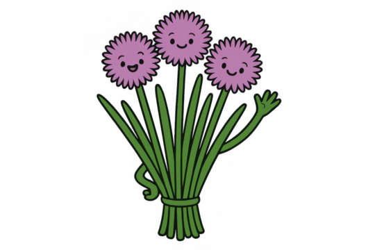 Chives cartoon character bunch waving hello, cute anthropomorphic herb flowers with smiling faces on transparent background