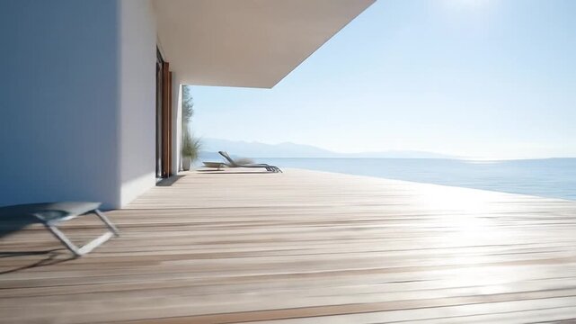 Modern waterfront property wooden deck tranquil landscape