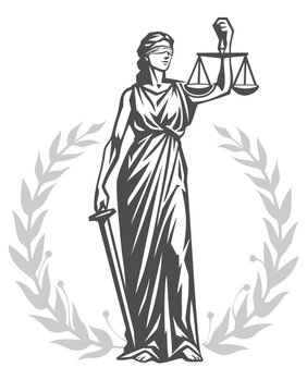 Vector illustration of Themis, Lady Justice,
 the classical goddess of fairness and law,
 in a black and white silhouette style.