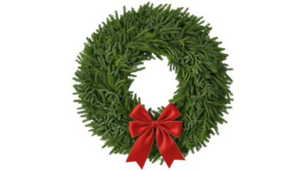 Elegant Christmas wreath with vibrant red bow, perfect for festive decorations
