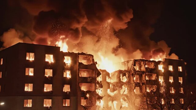 Apartment Building Engulfed in Flames at Night - A multi-story apartment building is shown fully engulfed in flames at night. The fire rages intensely, with flames and smoke billowing upwards.