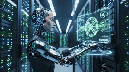 Cybernetic AI Interface in Data Center - A female cyborg interacts with a holographic interface in a server room. - Powered by Adobe