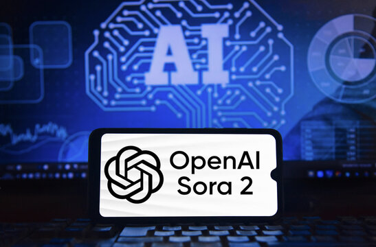 Sora 2 and OpenAI logo on a cell phone screen with an image of artificial intelligence with integrated circuits, highlighting cutting-edge neural technology in the background.