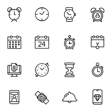 Time and Clock Outline Icons. 24 Hours, Alarm, Alarm Clock, Appointment, Bell, Calendar, Checkmark, Clock, Countdown, Date, Deadline, Decrease, Delivery, Efficiency, Growth, Hourglass, Increase, Inves