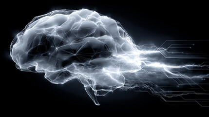 Digital brain with flowing encrypted data streams, symbolizing artificial intelligence, cybersecurity, information processing, innovation, and advanced technology systems.
