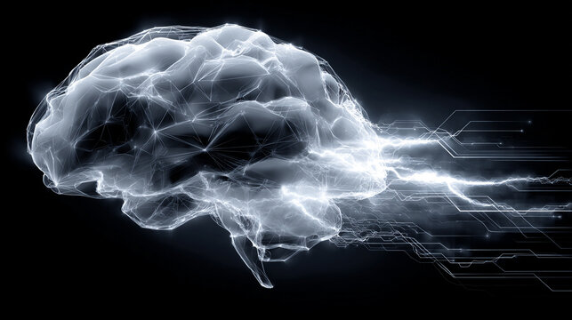 Digital brain with flowing encrypted data streams, symbolizing artificial intelligence, cybersecurity, information processing, innovation, and advanced technology systems.
