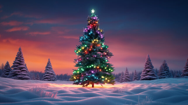 Christmas Tree with Multicolor LED Lights and a Bright Star Topper Standing Alone in a Snow-Covered Field Against a Dramatic Pink and Blue Sunset. Perfect for traditional holiday greeting cards