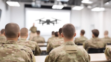 Military Soldiers in Camouflage Uniforms Receiving Instruction on Drone Technology in a Modern Army Training Classroom. Ideal for illustrating advanced defense technology