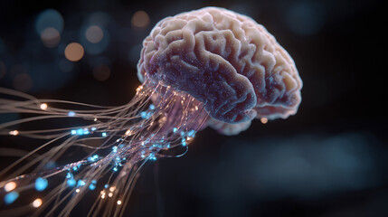 Digital brain with flowing encrypted data streams, symbolizing artificial intelligence, cybersecurity, information processing, innovation, and advanced technology systems.
