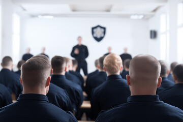 Newly Recruited Police Cadets in Dark Uniforms Attending a Formal Training Session at the Police Academy. Excellent for editorial use covering law enforcement careers, police training programs
