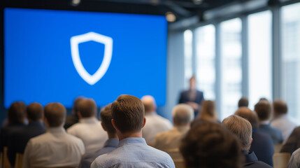 Business Professionals Attending a Corporate Cybersecurity Training Seminar with a Shield Logo on the Screen. Ideal for content covering data protection, enterprise IT security solutions