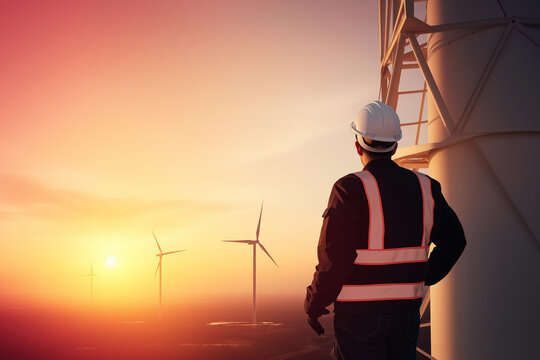 Wind Farm Engineer in Safety Attire Standing High on a Turbine Platform, Overlooking the Sunrise and Windmills. Excellent for illustrating green energy careers, renewable power generation