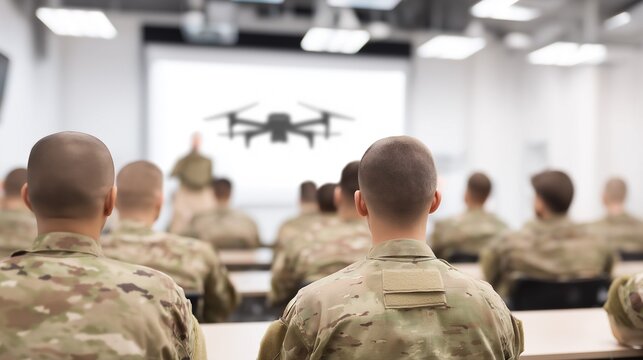 Military Soldiers in Camouflage Uniforms Receiving Instruction on Drone Technology in a Modern Army Training Classroom. Ideal for illustrating advanced defense technology