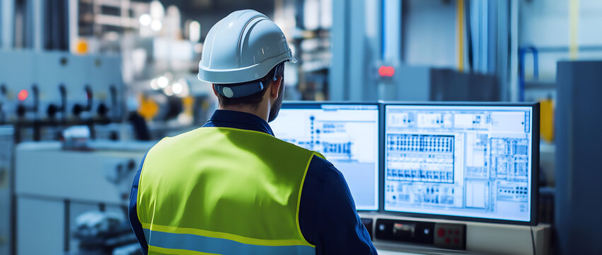 Engineer in a Safety Vest and Hard Hat Monitoring Diagnostics on Dual Screens in a Modern Industrial Factory Control Room. manufacturing automation, industry 4.0, technical maintenance