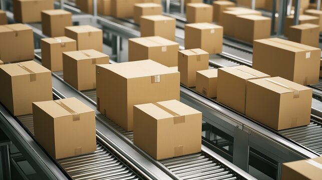 Numerous Plain Cardboard Boxes of Various Sizes Moving Along a Roller Conveyor Belt System in a Modern Warehouse. Essential for illustrating global supply chain automation