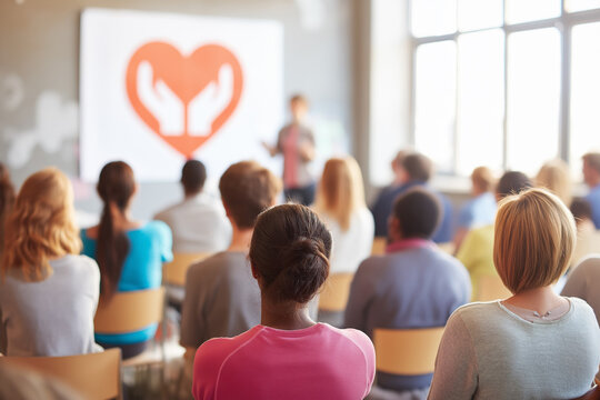 Diverse Group of Volunteers and Community Activists Listening to a Speaker at a Charity Conference or Workshop. Perfect for non-profit fundraising campaigns, social work education materials
