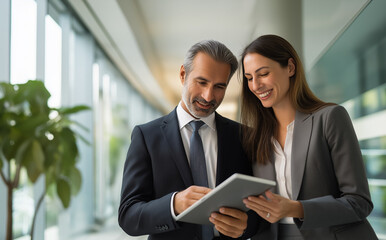 Two Diverse Corporate Professionals, a Mature Businessman and Young Businesswoman, Collaborating on a Digital Tablet in a Bright, Modern Office Hallway. Teamwork and business technology concept