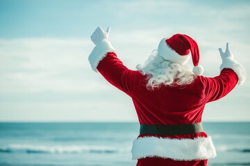 Close-Up Rear View of Santa Claus with Arms Upraised Celebrating Christmas on a Sunny Beach with Teal and Blue Ocean Backdrop. Holiday travel and warm weather greeting card concept