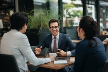 Confident Young Businessman in Glasses Leads Discussion with Colleagues at Modern Outdoor Cafe. Meeting and negotiation concept for corporate lifestyle, mentorship, or client relations imagery.